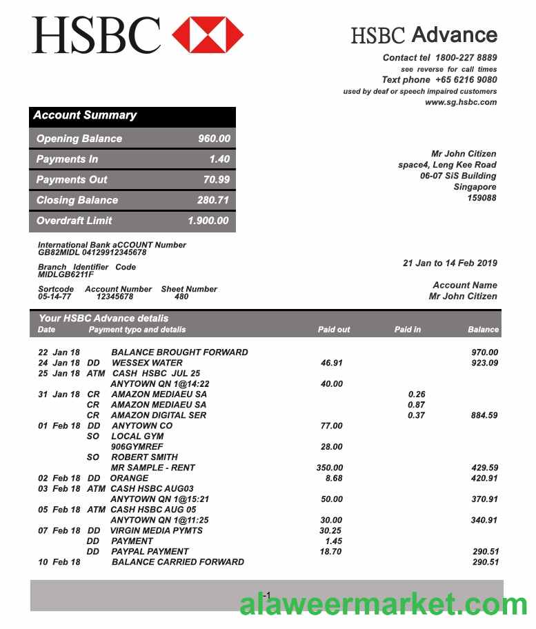 Singapore HSBC bank statement template fully editable in PSD format